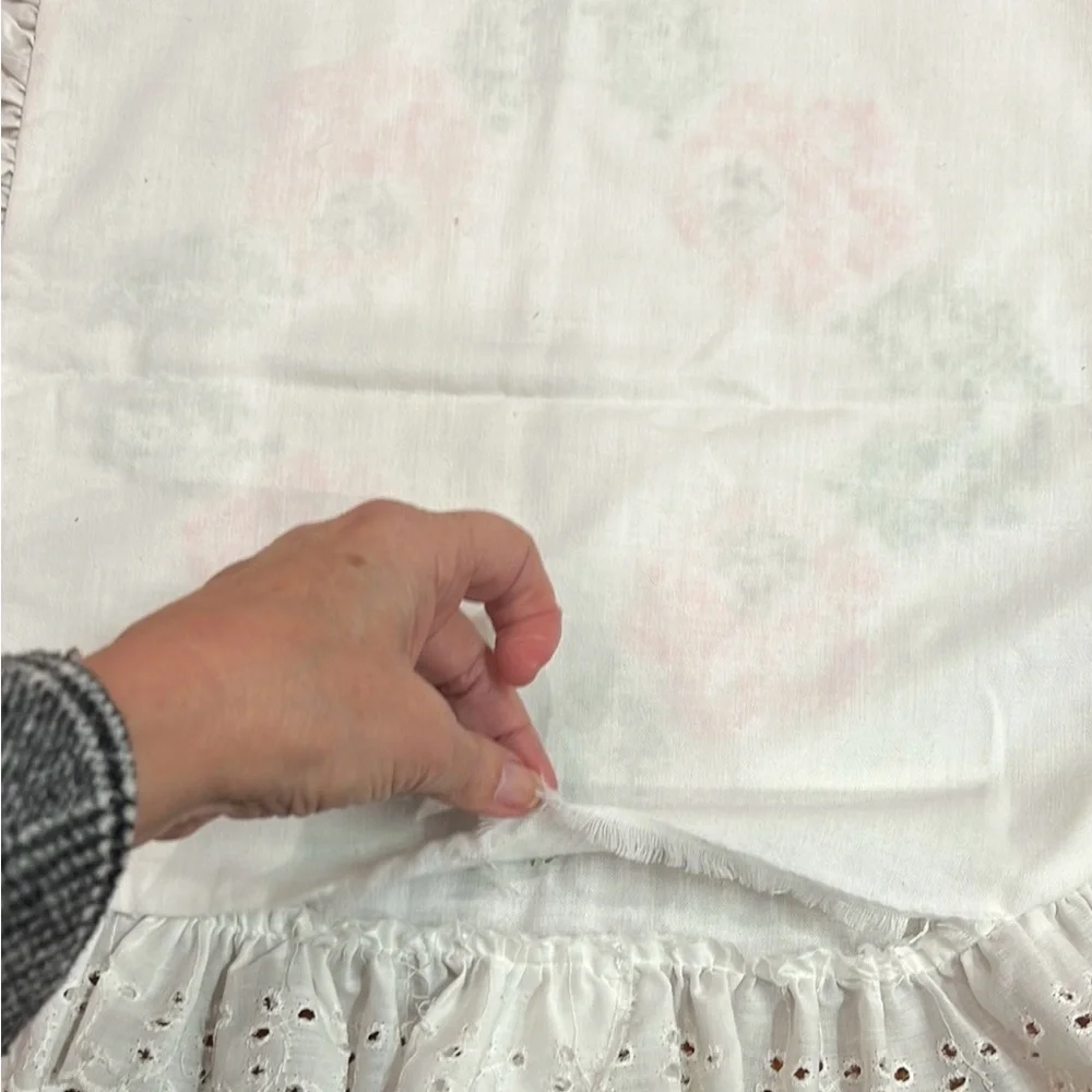 Vintage Cross Stitch pillow cover handmade White with eyelet trim pillow cover.